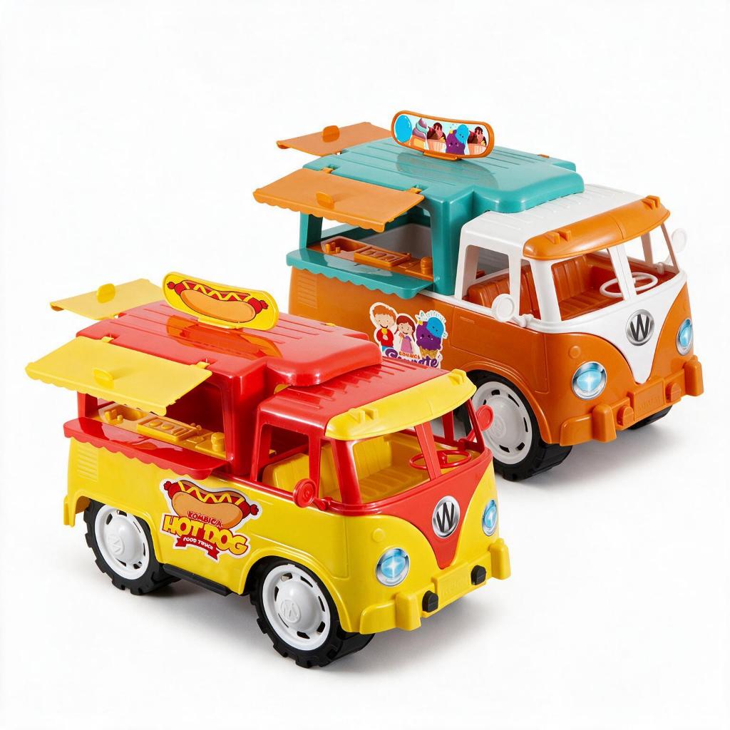 Kit 2 Carrinhos Kombi Food Truck + Kombi GelIato Infantil Brinquedo– Portas que abrem/fecham e Rodas Livres - QUEEN SHOP