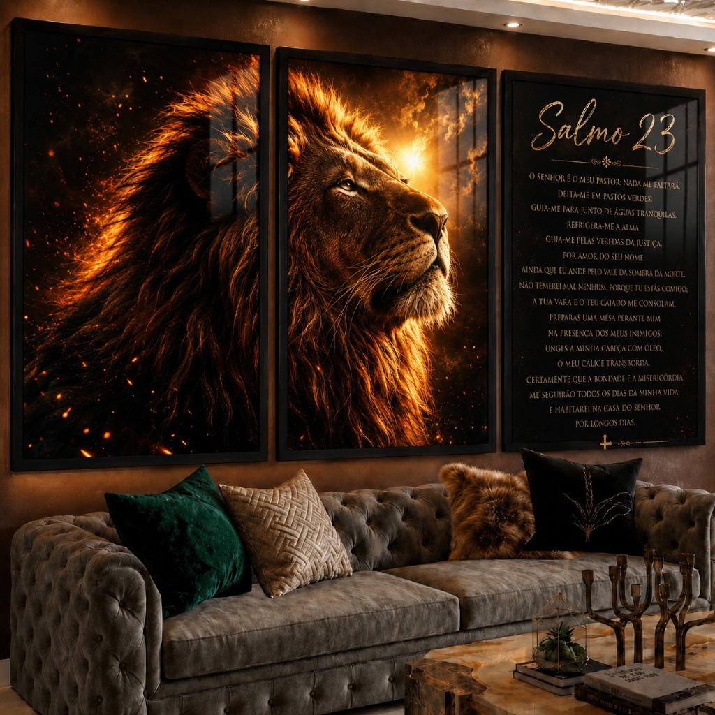 Kit 3 Quadros Decorativos Religiosos Leão de Judá com Salmo 23 O Senhor é Meu Pastor para Sala Quarto Cristão Evangélico