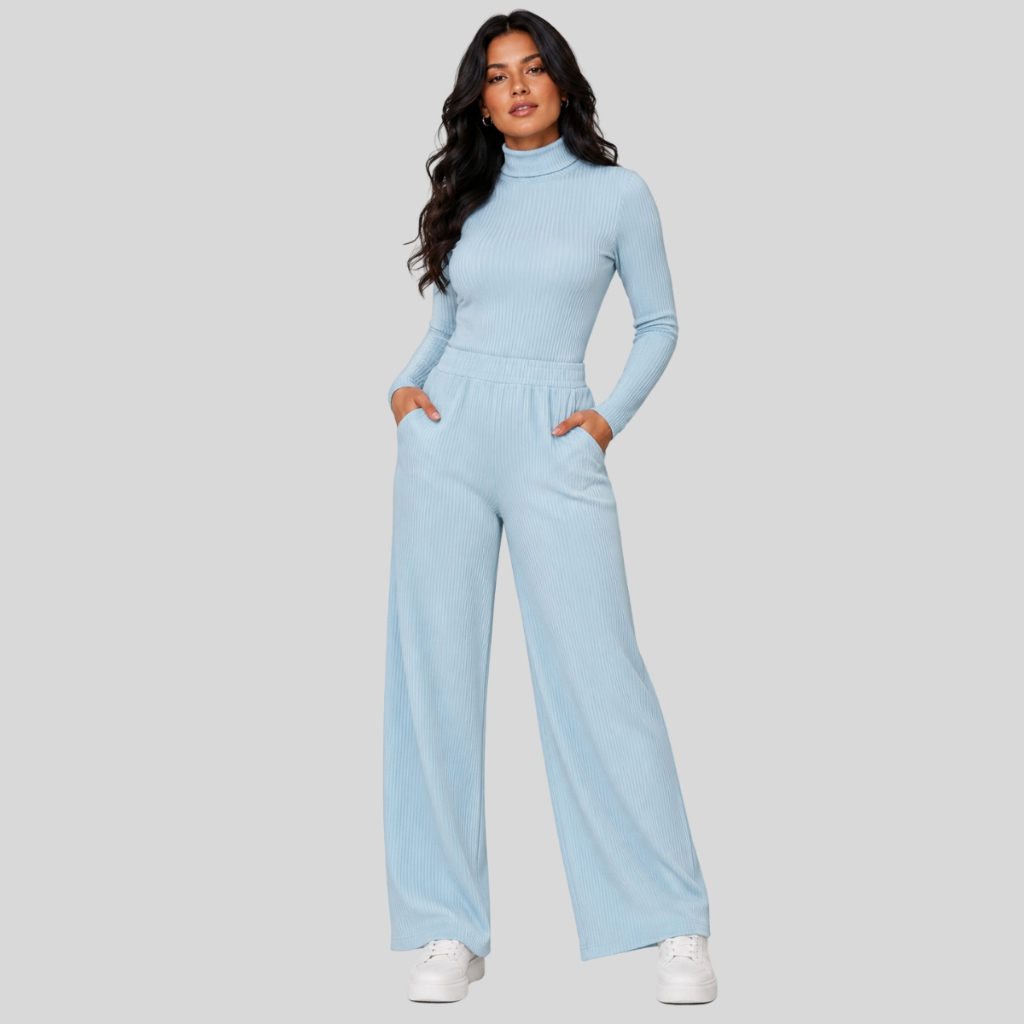 Conjunto Canelado Feminino Inverno | Calça Pantalona + Blusa Gola Alta Cacharrel Elegante