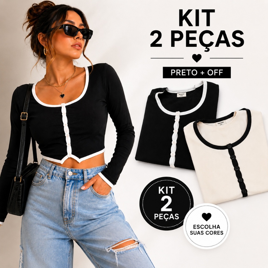KIt De 2 Blusa Feminina Estilosa Cropped Manga Longa Canelada Basica Elegante Moda Feminina Premium Blusinha Baby tee
