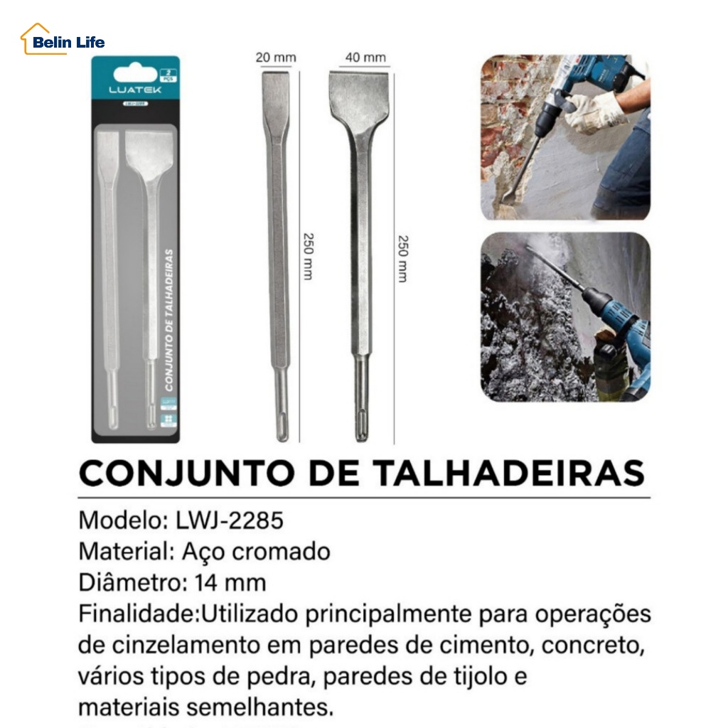 Kit 2 Talhadeiras Sds Plus Chata e Larga 250mm para Martelete Demolidor Concreto Alvenaria