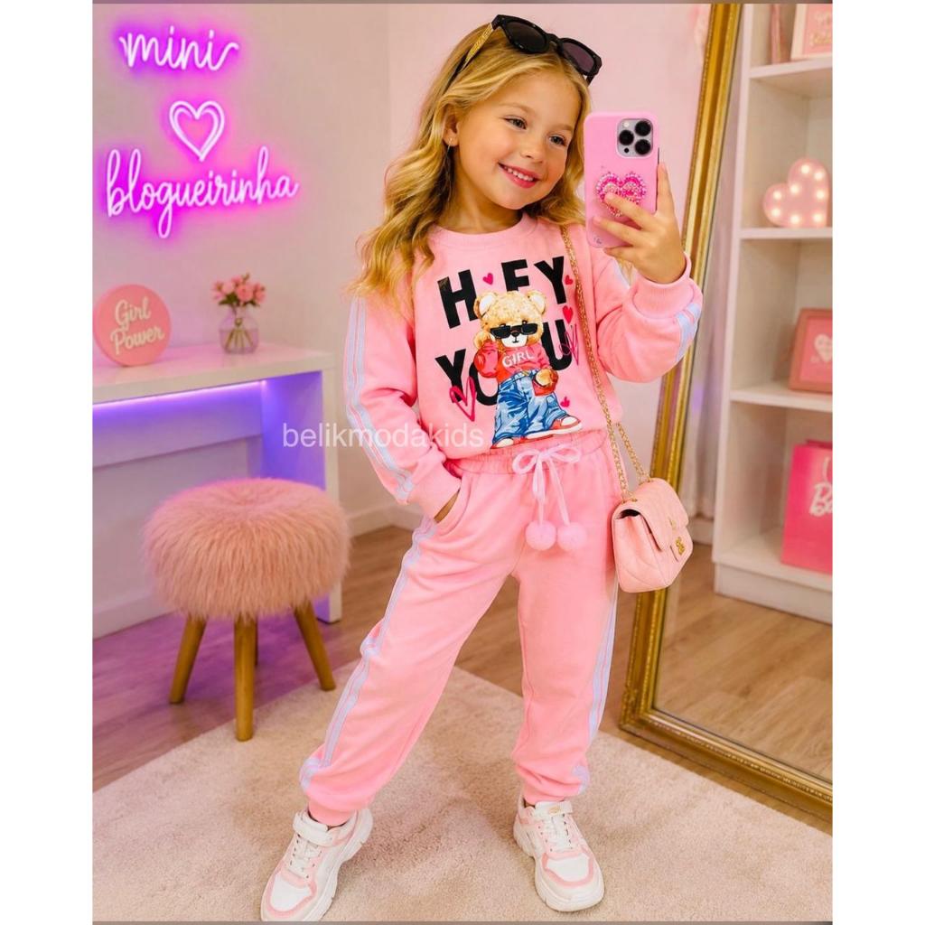 Conjunto Infantil Moletom Flanelado Ursinho Fashion Moda Blogueirinha Blusa + Calça PomPom Menina 2 A 8 Anos Quentinho