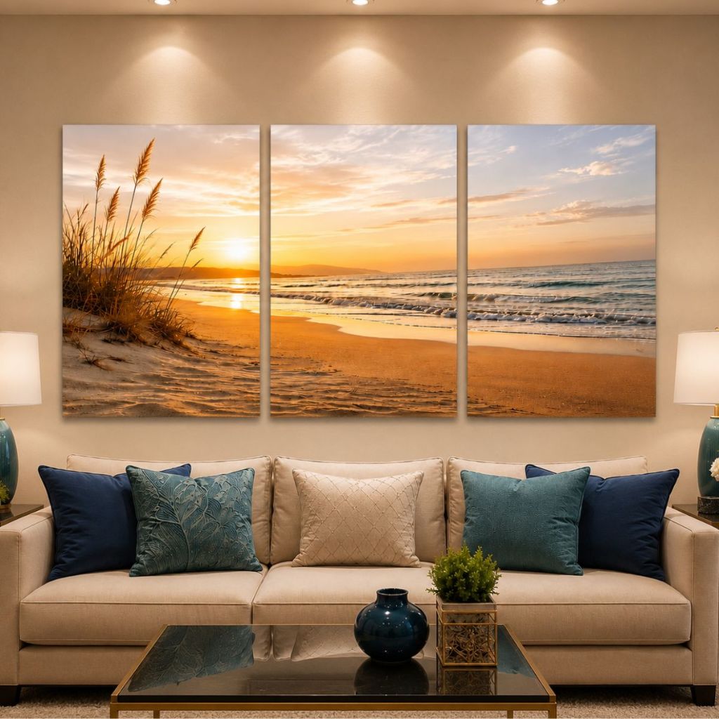 Quadro Decorativo 3 Peças Minimalista Calmante Praia Pôr Do Sol Sala Quarto — imagem 2 de 2