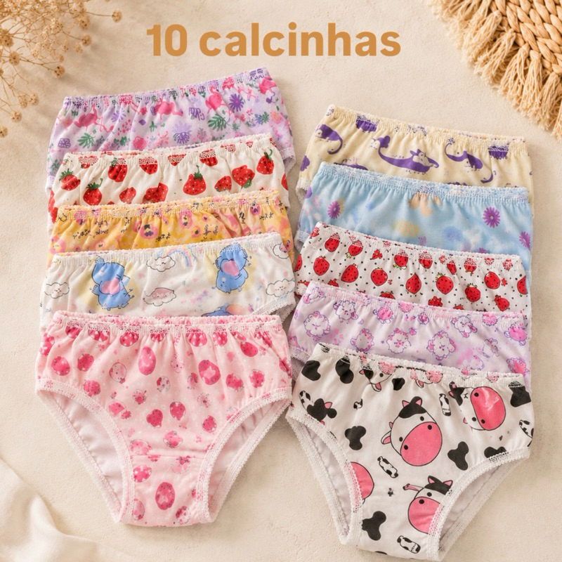KIT 5 ou 10 Calcinha Feminina Tanga Infantil Juvenil Algodão Macio Ajuste Perfeito Cores Estampas Sortidas