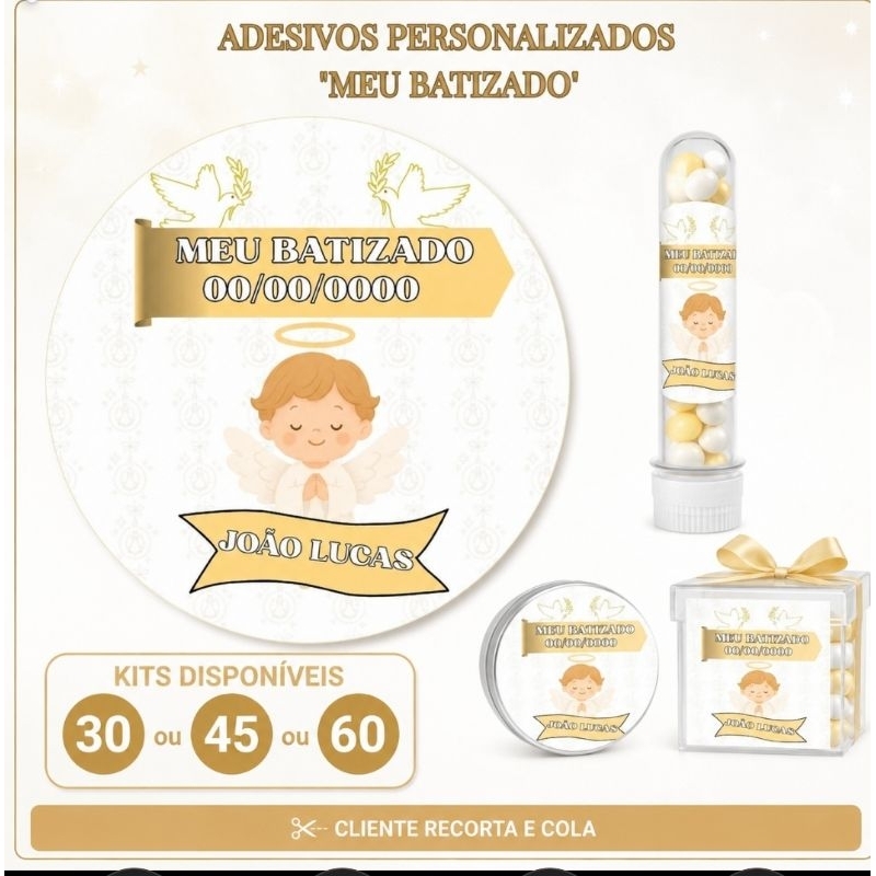 Adesivo Batizado Personalizado | Lembrancinha Festa Infantil | Tubete Latinha Caixinha | Nome e Data ⭐