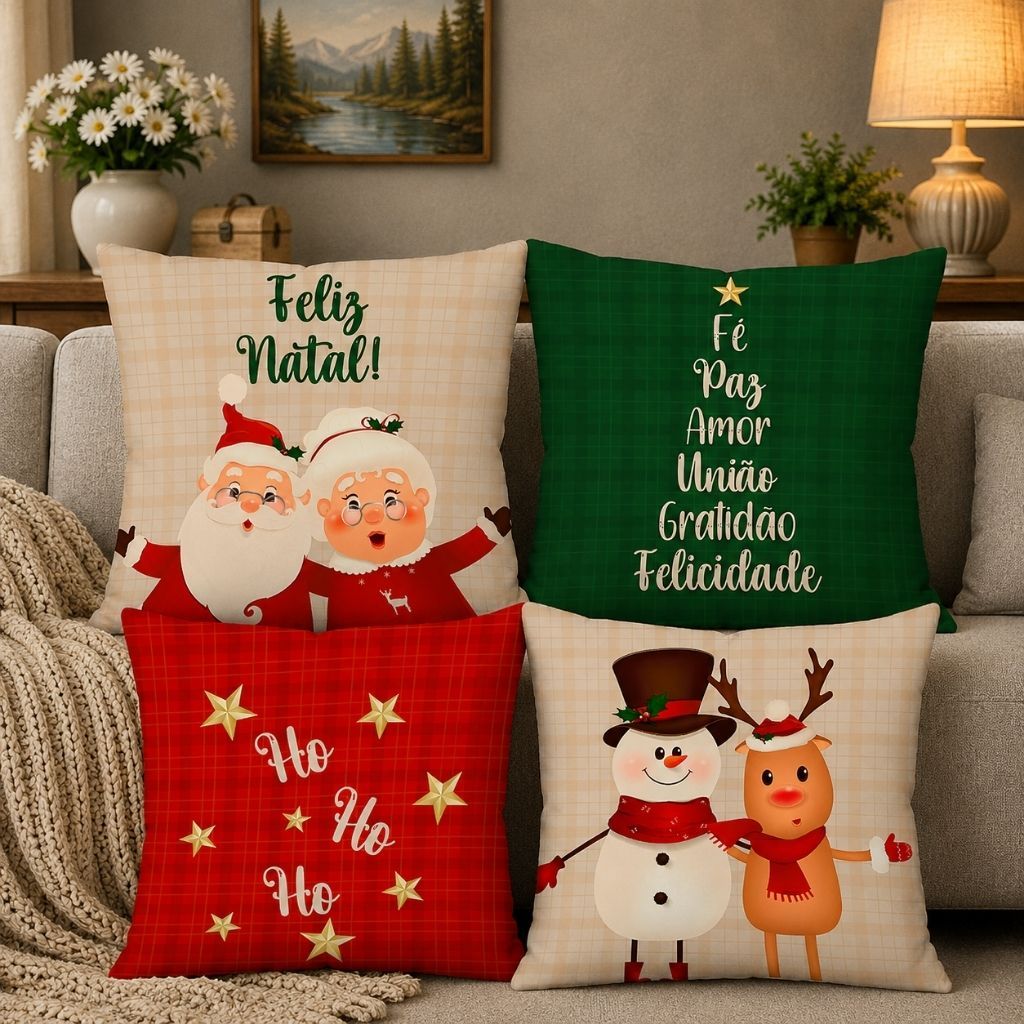 NATALINA: Kit com 4 Capas para Almofada Decorativas Papai e Mamãe Noel 45X45 cm