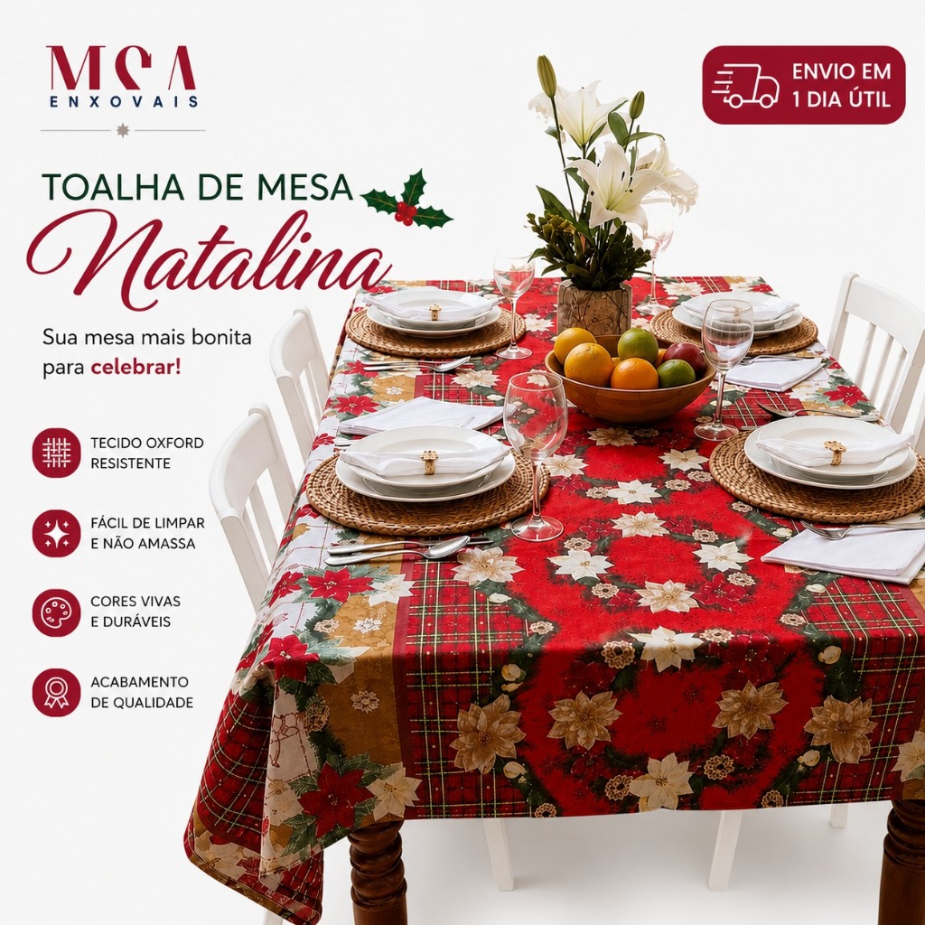 Toalha de Mesa Natal 4 ou 6 cadeiras 100% Poliéster Oxford 2,00m x 1,50m Decoração Festa Mesa Posta
