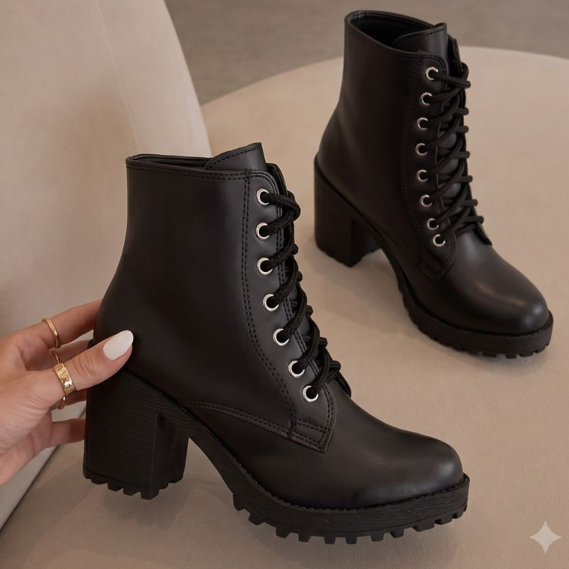 Bota Feminina Salto Alto Grosso Coturno Preto Feminino Tratorado Cano Curto Com Salto Amarrar Promocional