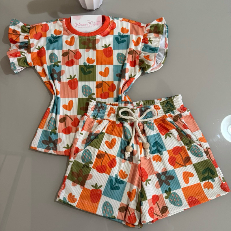 Conjunto Canelado Infantil Menina Verão Confortável Estampado Short Elástico Bolso Estiloso Fashion