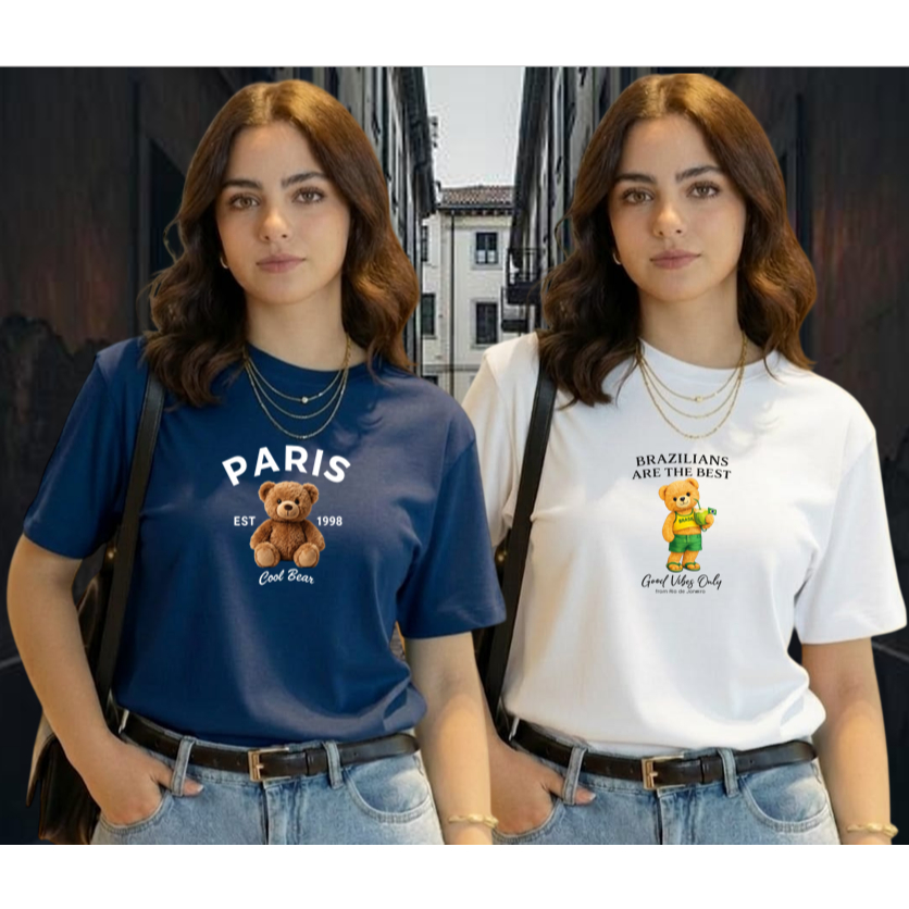 Kit 2 T-Shirt Estampada Urso Camiseta Estilosa 100% Algodão Teddy Bear Casual Tendência Dia a Dia Envio Imediato