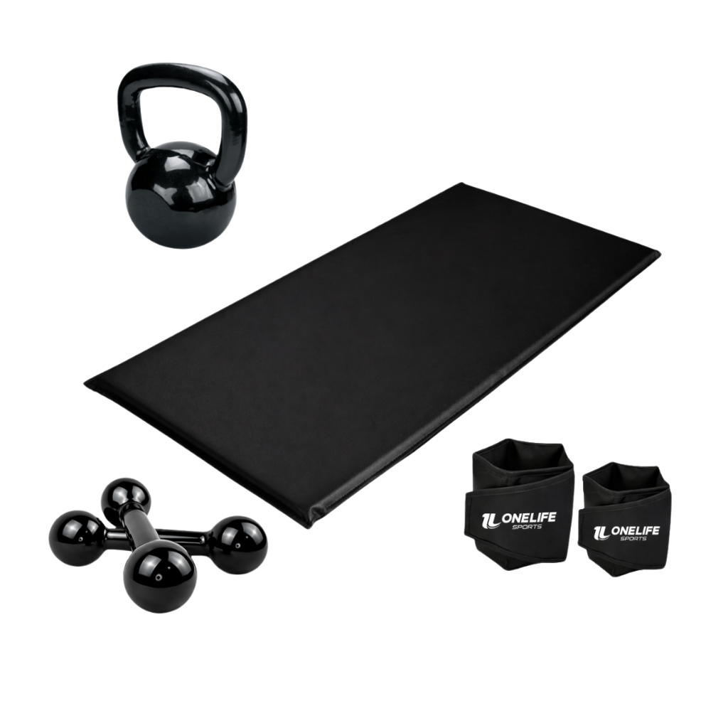 Kit Aeróbico Em Casa Caneleira 2 Kg + Colchonete + Halter 2 + Kettlebell emborrachado 4 kg