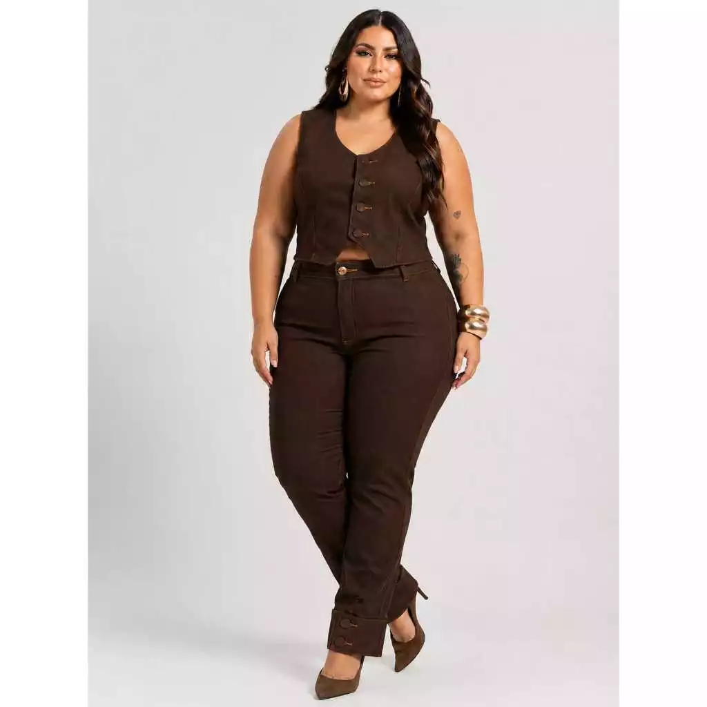 Conjunto Jeans Plus Size Calça E Colete Com Lycra