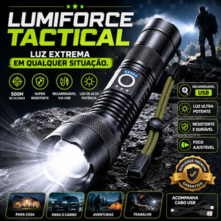 Lanterna Tática LED Recarregável USB Super Potente 500m Foco Ajustável LumiForce Tactical