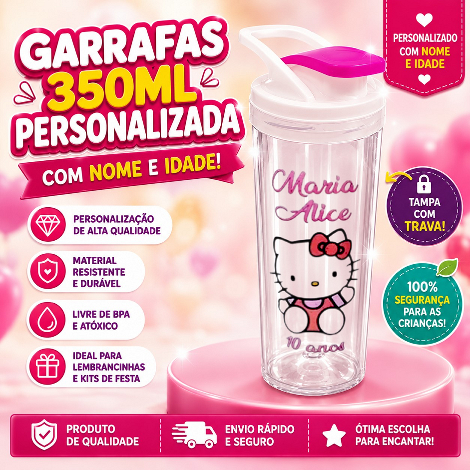 15 Garrafas Aquabio 350ml Personalizada Hello Kitty