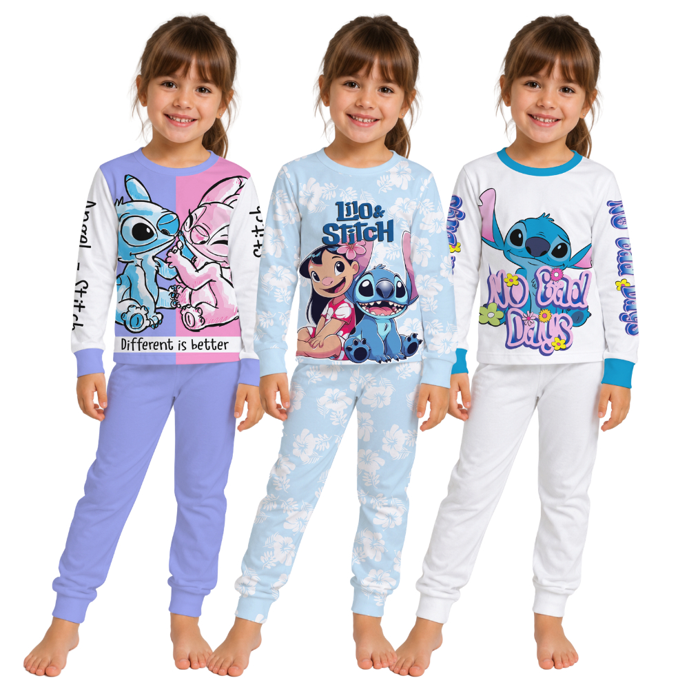 Pijama Infantil Feminino Personagens Stitch Ohana Malha Suede Conjunto Camiseta e Calça Macio Confortável Estampa