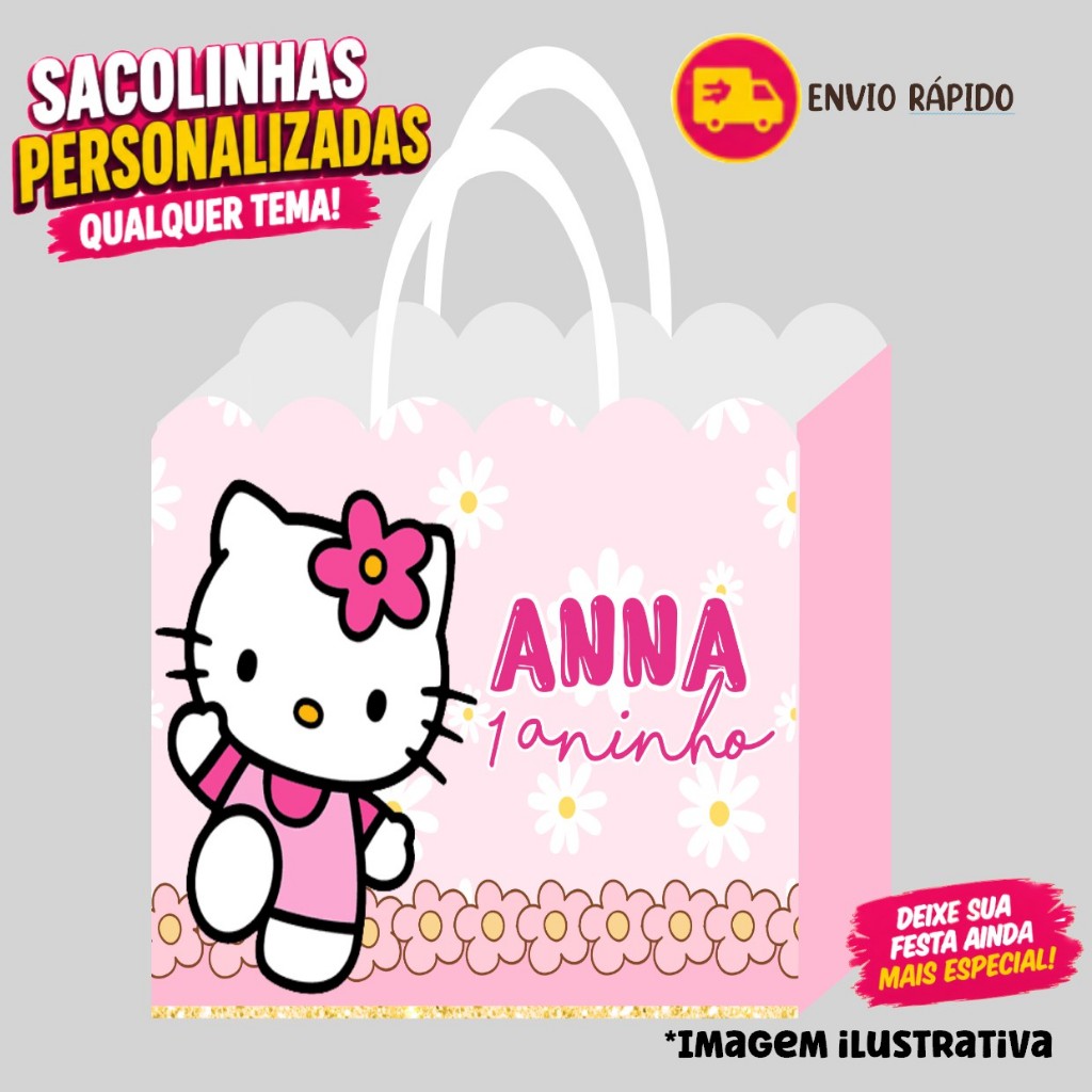 Sacolinha HELLO KITTY ROSA Personalizados | Sacolinha | Lembrancinha | Mimos | Aniversário (PEGUE E MONTE)