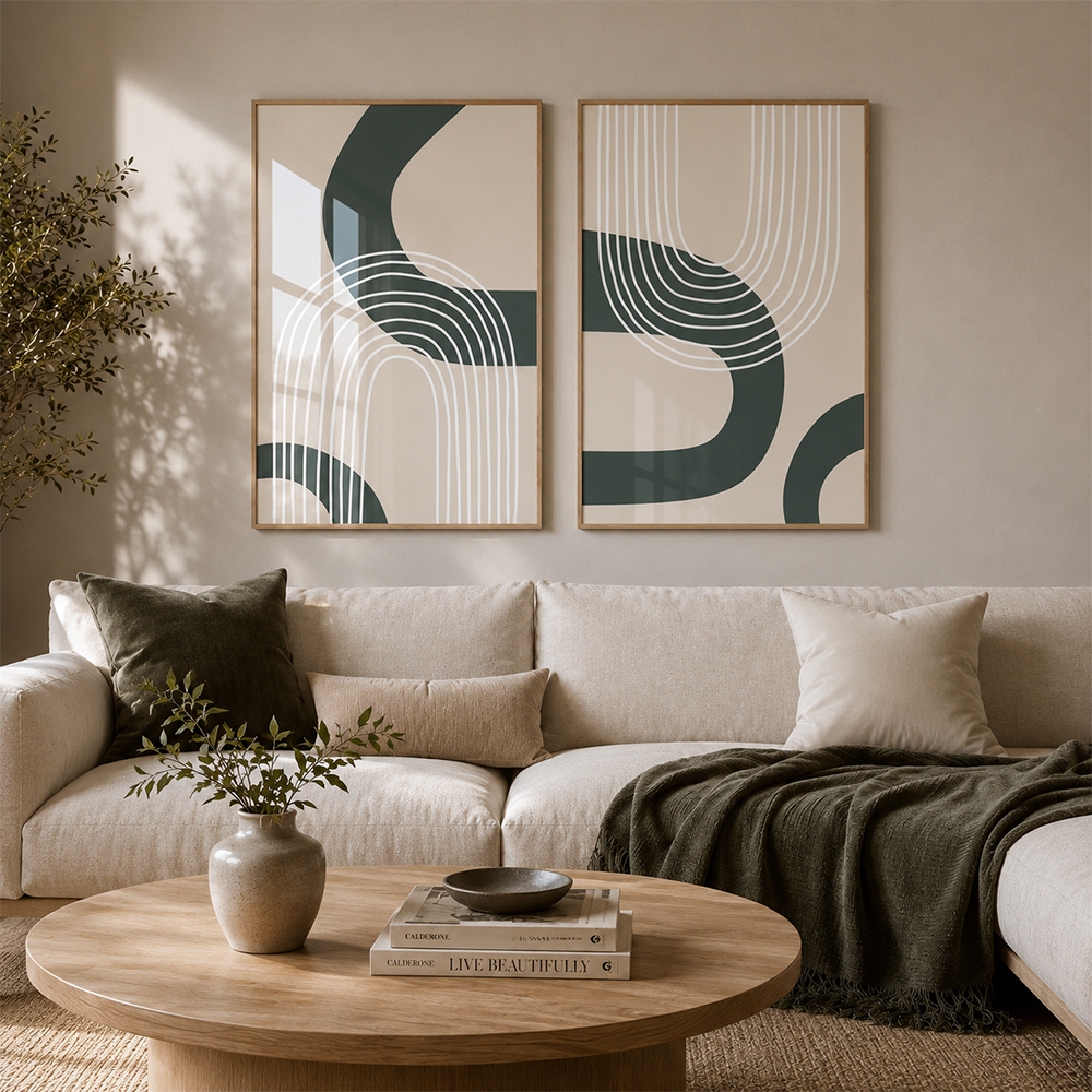 2 Quadros Decorativos Abstrato Geometrico Sintonia entre Linhas com Moldura