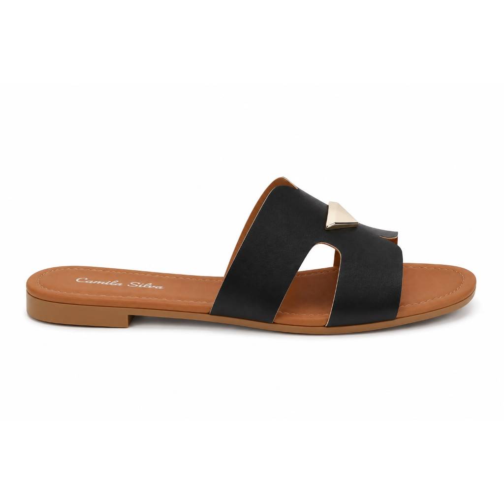 Rasteira Feminina Slide com Enfeite Metalizado | Chinelo Feminino Casual Confortável | Sandália Rasteira Moderna Elegant