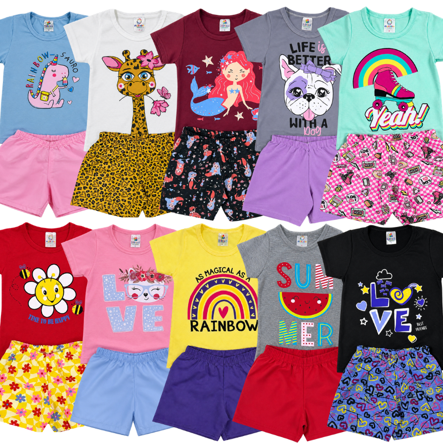 Kit 6 ou 10 peças Conjunto Verão Roupa Infantil Menina Sortidos Camiseta + Shorts/Bermuda Estampado