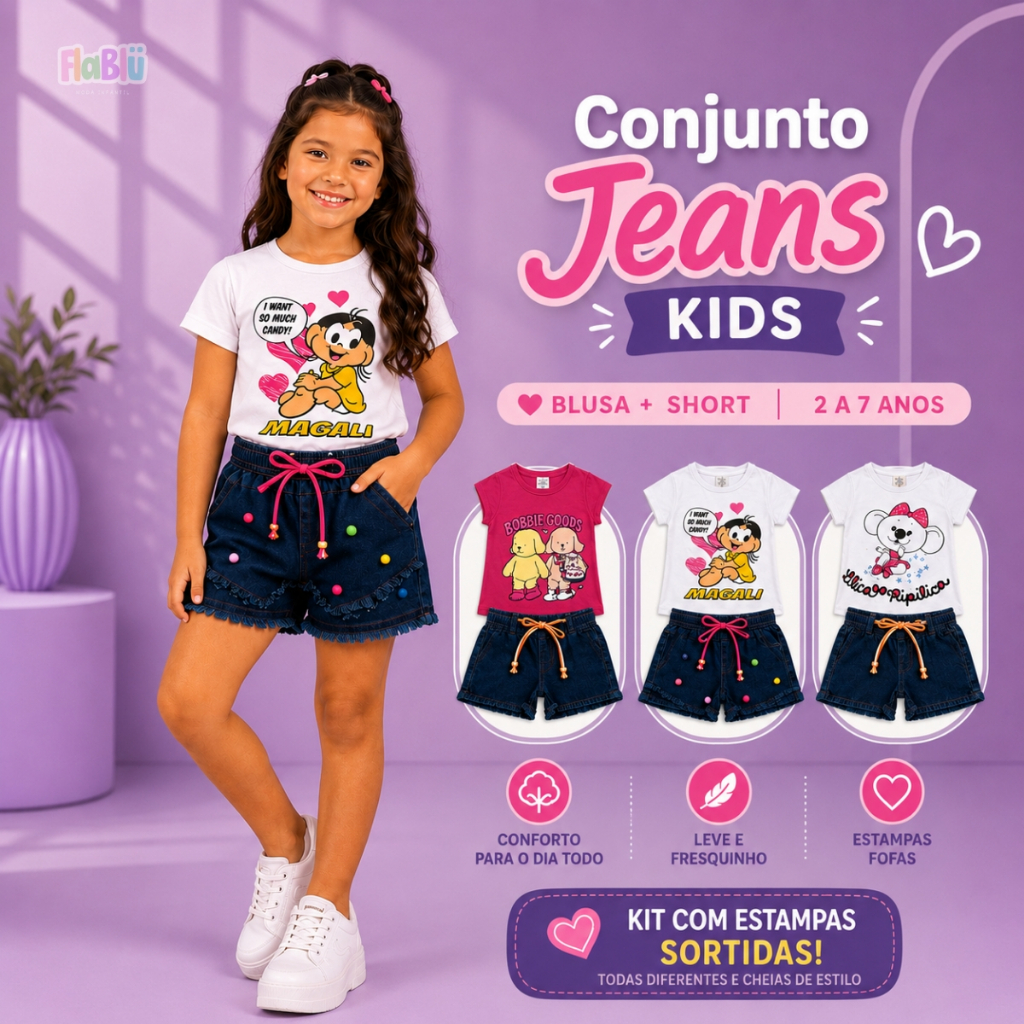 Conjunto infantil menina jeans conjunto jeans infantil conjunto short jeans conjunto personagem infantil feminina