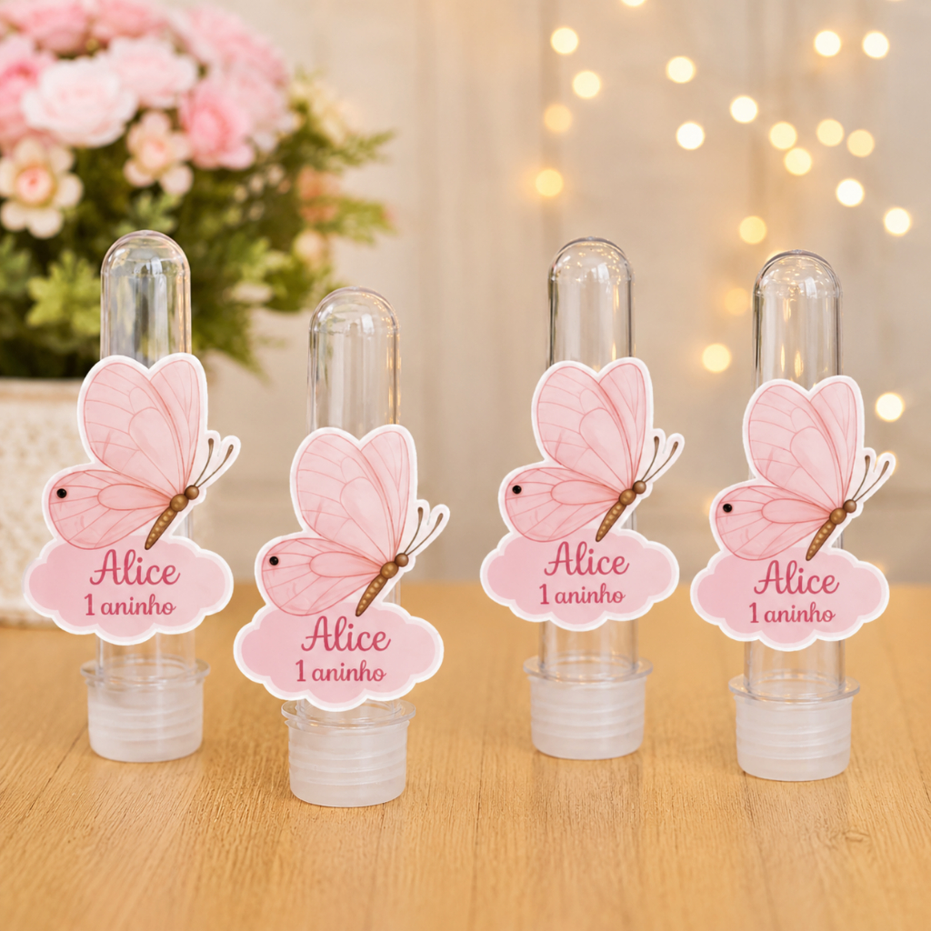 Aplique para Tubete Borboleta Rosa Personalizado Aniversário Infantil 1 Ano Lembrancinha Festa