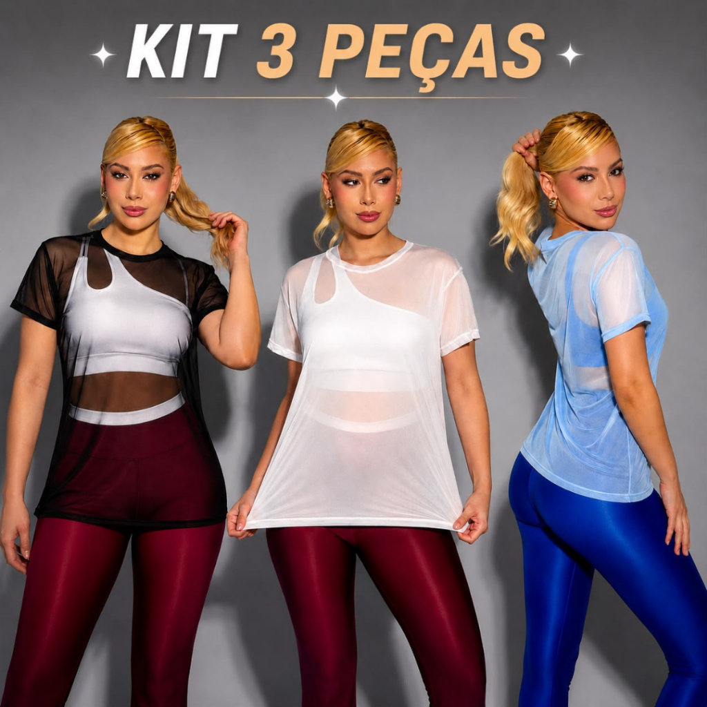 Tela Academia Kit 3 Blusas Fitness Feminina Dry Fit Camiseta Transparente Treino Musculação Corrida Moda Fitness