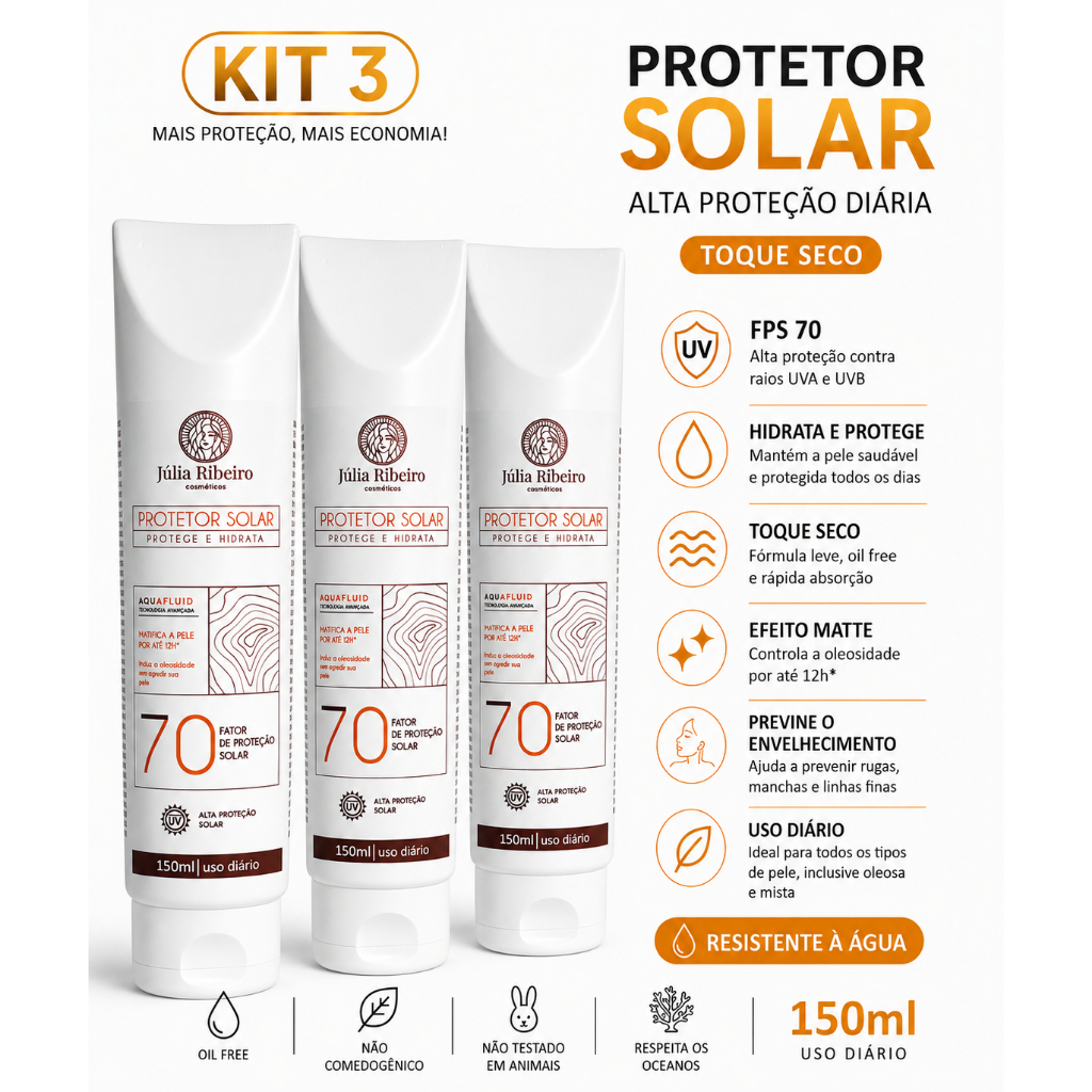 Kit 3 Protetores Solar Júlia Ribeiro FPS 70 150ml - Oil Free Antioleosidade