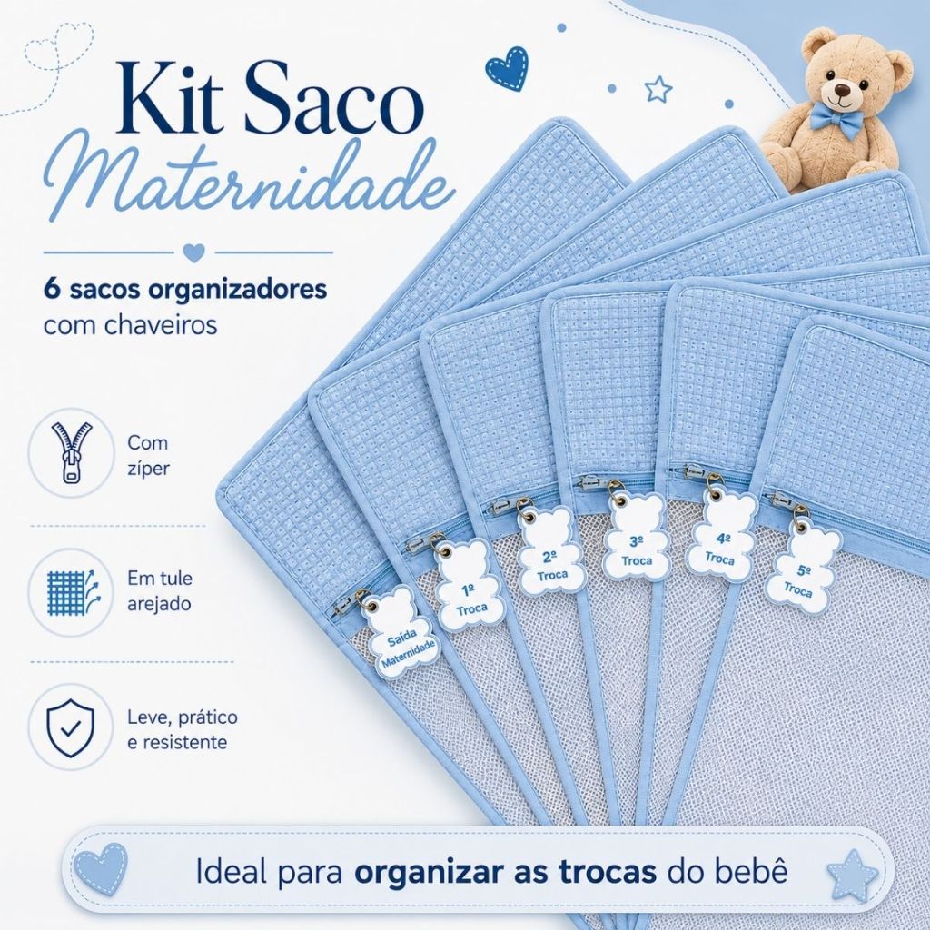 Kit com 6 Sacos Organizador Mala Maternidade e Viagem de Bebê Com Bordado Urso