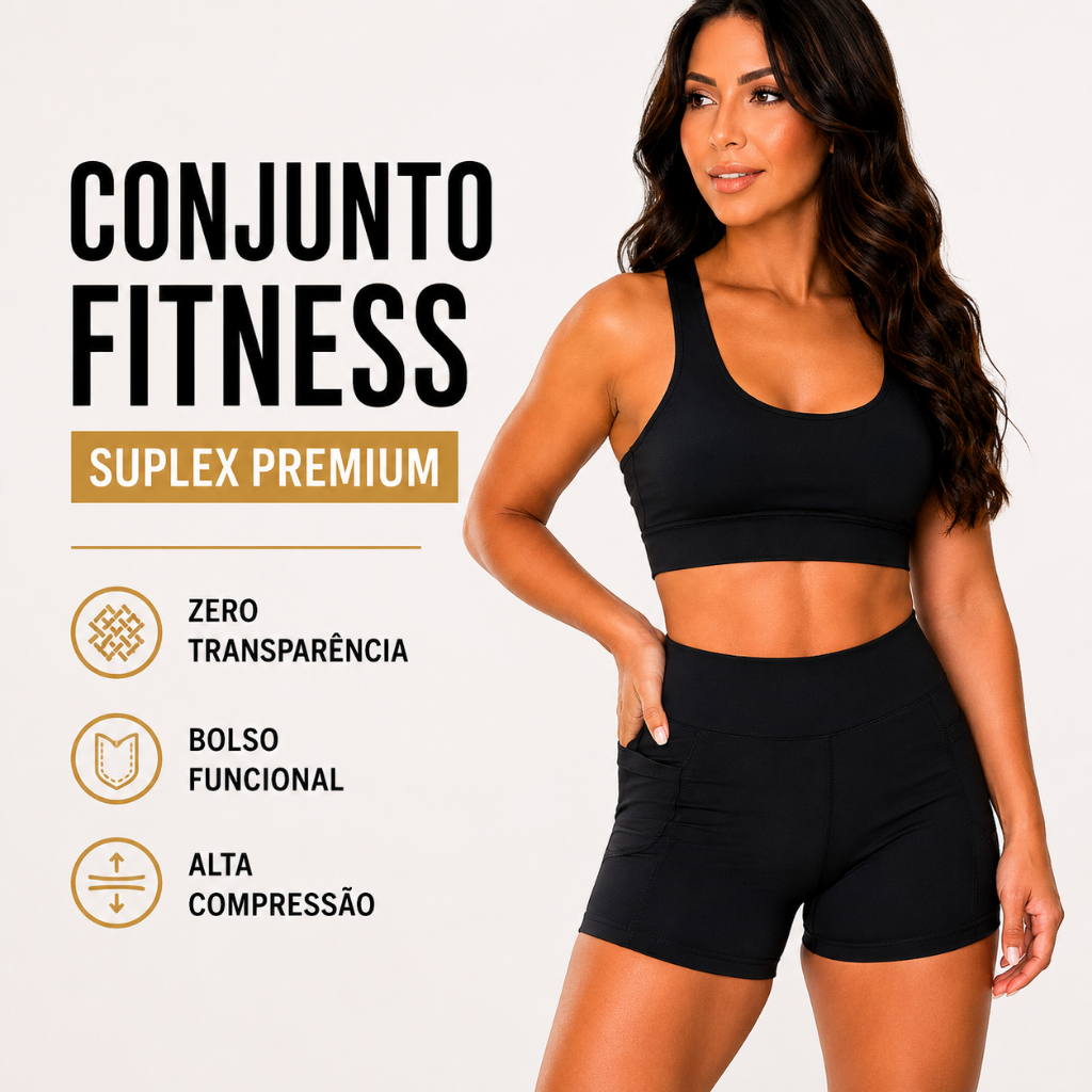 Conjunto Academia Feminino Treino Fitness Short Top com bolso Zero Transparência Cintura Alta