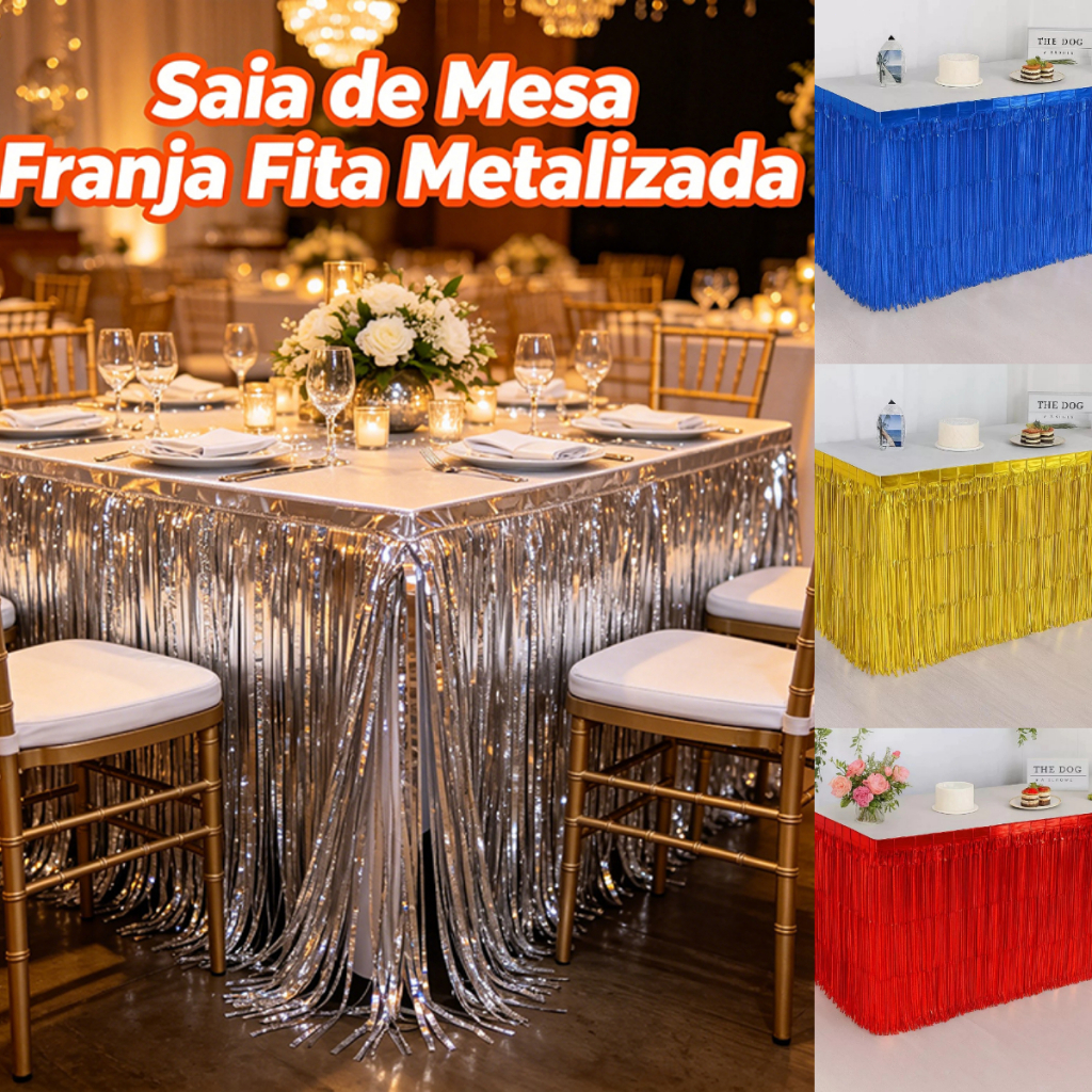 Saia de Mesa Fita Metalizada Franja Para Festa Oferta Decoração Varias Cores 275cmx75cm Azul Dourado Prateado Vermelho