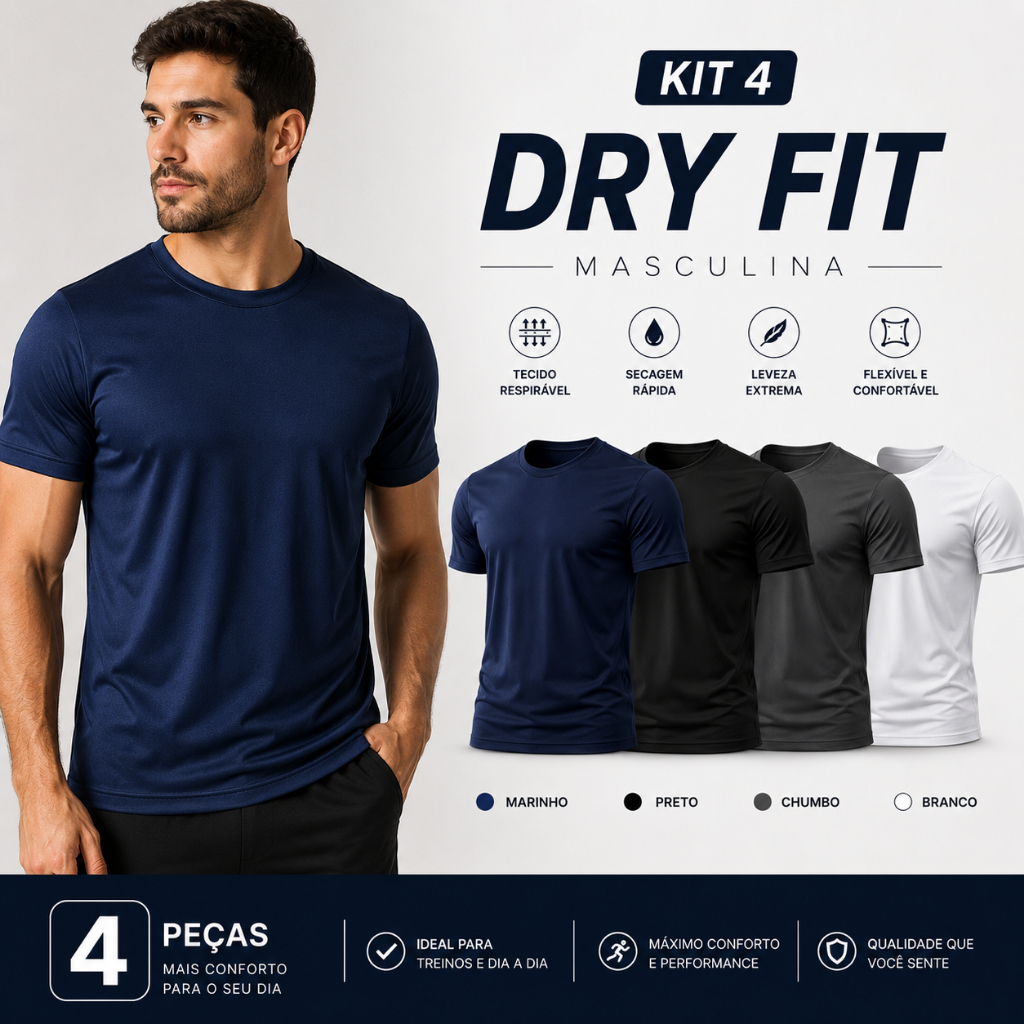 Kit 4 Camisetas Dry Fit Masculina Academia Esportiva Fitness Corrida Treino Manga Curta Básica Lisa