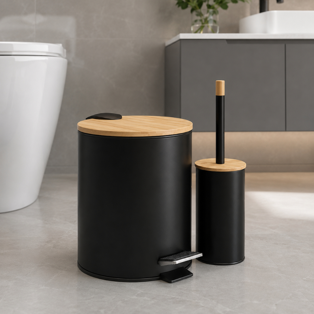 Kit Banheiro Lixeira + Escova Sanitária com Tampa de Bambu Design Moderno