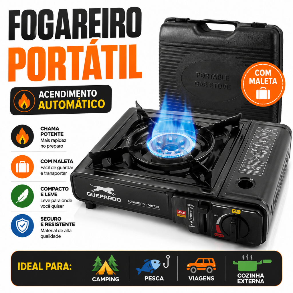 Fogareiro Portátil Camping Com Maleta Acendimento Automático Para Camping Pesca Trilha Guepardo
