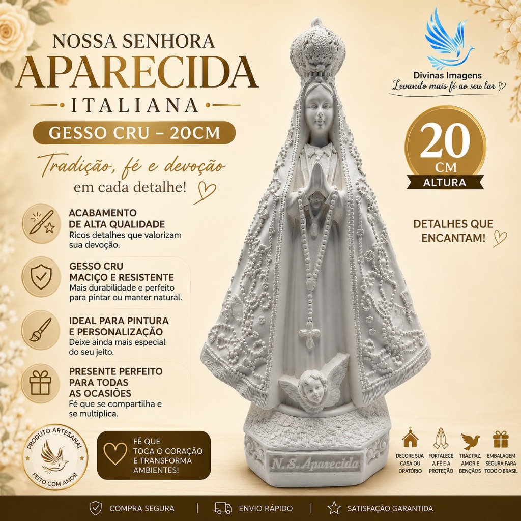 Imagem Nossa Senhora Aparecida Italiana 20cm Gesso Cru Retocado Detalhes Finos Artesanal