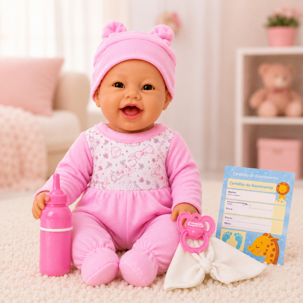 Boneca De Pijama Naninha Baby Doll Com Certidão Nascimento Chupeta Mamadeira