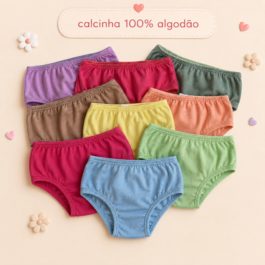 Kit Calcinha Infantil Menina 100% Algodão Lisa Peles Sensíveis 5 ou 10 Unidades Colorido Confortável Criança