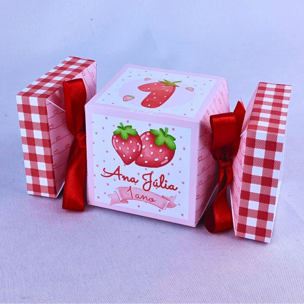 Kit 10 a 50 Caixinha Morango Moranguinho Personalizada Bala Sem Lacinho Lembrancinha de Papel Offset 180g