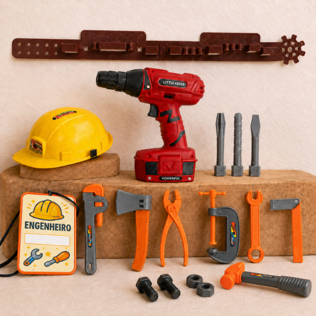 Kit Ferramentas Infantil Parafusadeira Cinto E Capacete Kit Engenheiro De Brinquedo