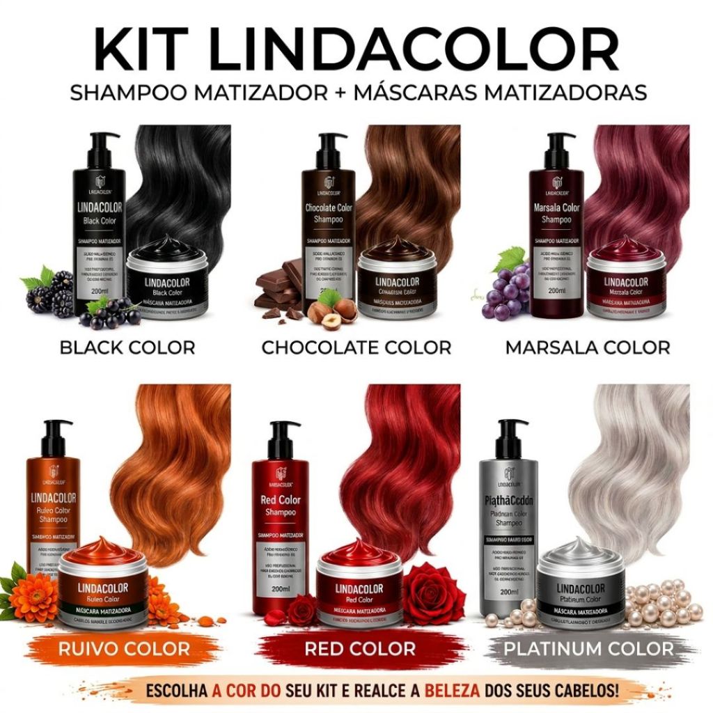 KIT SHAMPOO + CREME TONALIZANTE LINDACOLOR Sem Amônia Avelã, Preto, Marsala, Loiro, Vermelho, Ruivo, Platinum