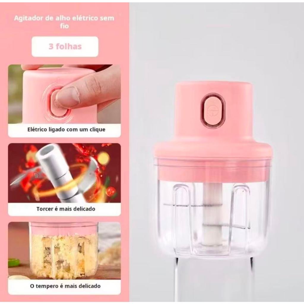 Mini Triturador Elétrico USB sem Fio 3 Lâminas para Alho, Legumes e Temperos