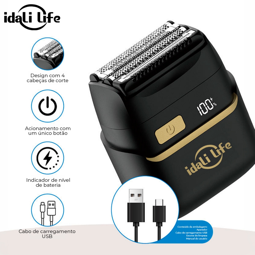 Máquina de Barbear Elétrica Portátil 4 Lâminas IPX6 Aparador de Pelos USB-C IDALI LIFE