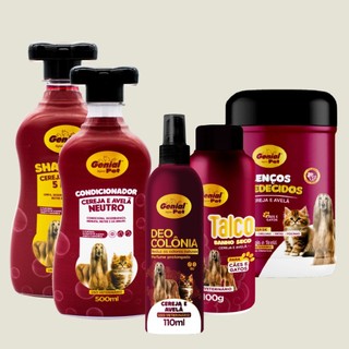 Kit Banho e Tosa Shampoo Condicionador Talco Perfumado, Lenço Perfume Cereja e Avelã Cachorro e Gato Combo Cães Gatos