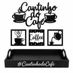 Bandeja Cantinho Do Café + Kit 4 Quadros Decoração Em Mdf