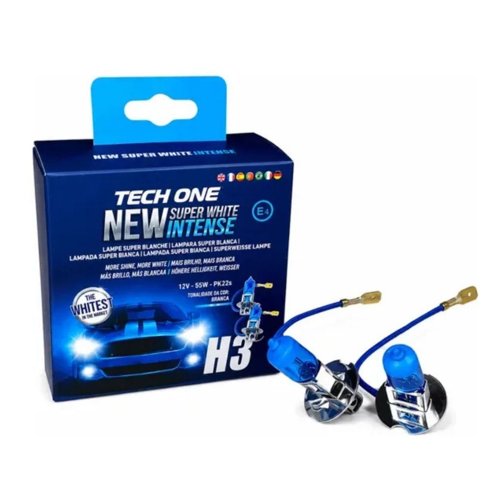 Par Lâmpada Super Branca H3 Efeito Xenon Tech One 8500K 55W 12V Pk22s