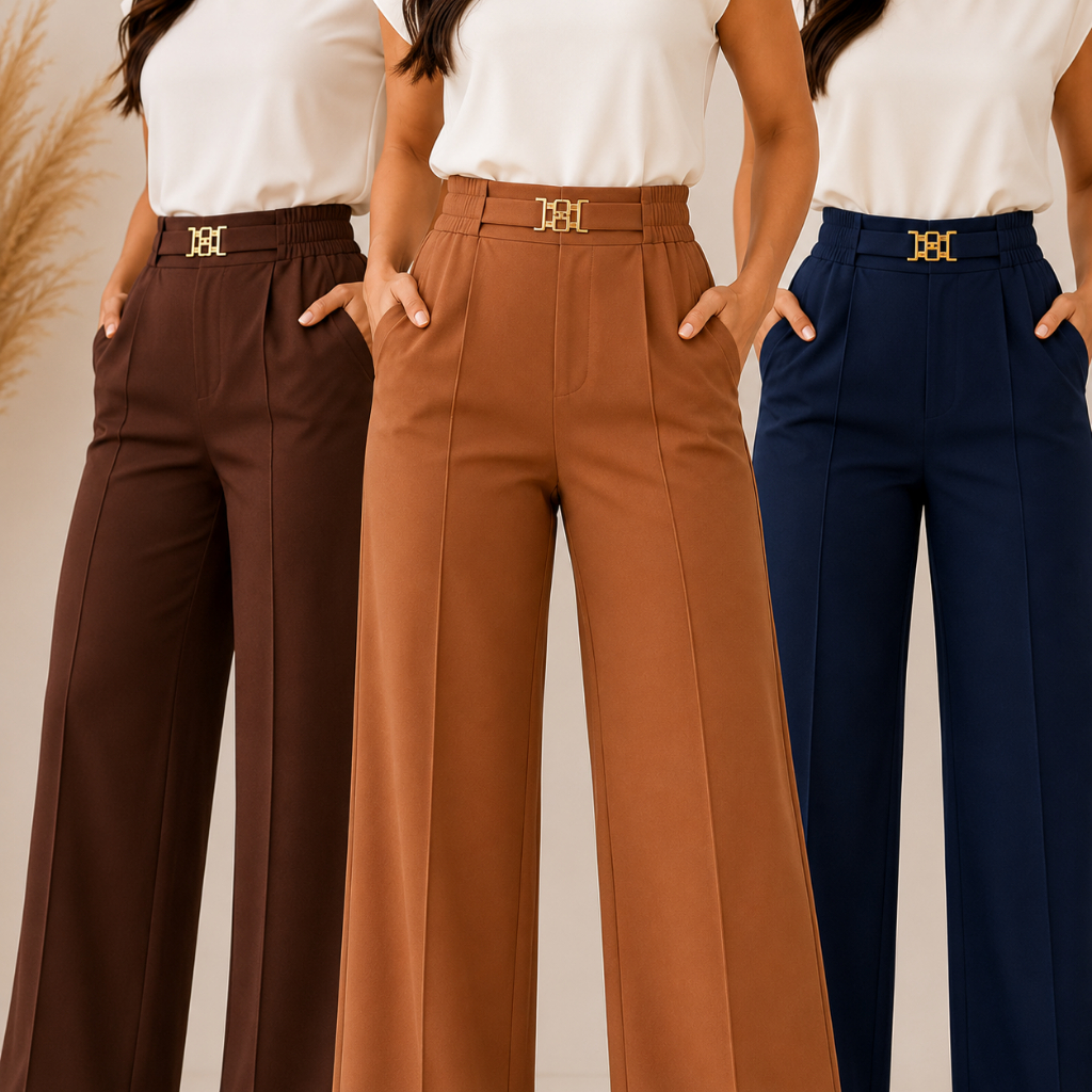 Calça Feminina Alfaiateria Cintura Alta Elastico Costas Bolsos Funcional Pantalona Premium Moda Feminina Blogueira Leve
