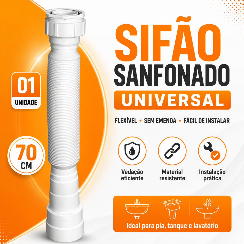 Sifão Sanfonado Universal Flexível Branco para Pia Tanque e Lavatório