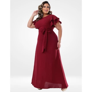 Vestido Longo Plus Size Feminino Festa Casamento Madrinha Manga Babado com Faixa Crepe Duna Moda Eva