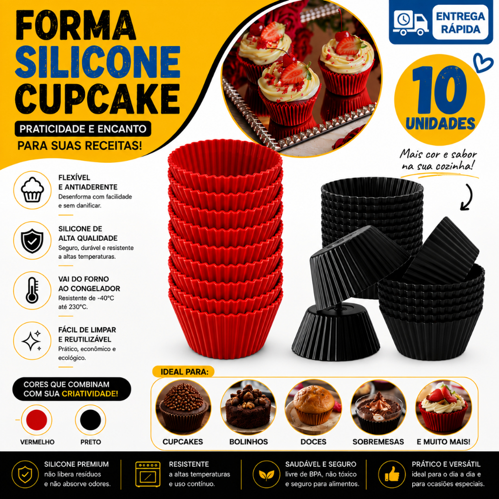 Kit 10/8/6/4 Forma Cupcake Silicone Forno Cozinha Buffet