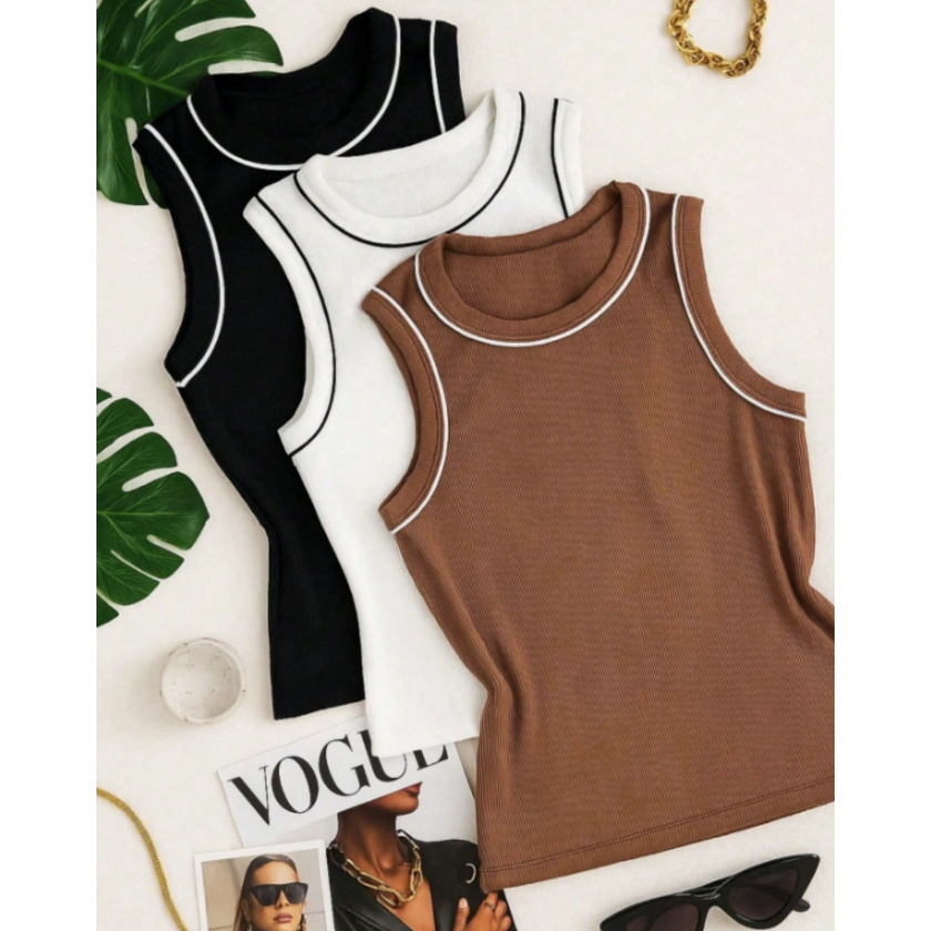 Kit 3 Camisetas Regatas Femininas Tecido Canelado Bicolor Design Moderno Moda Estilosa Casual