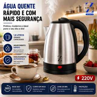 Chaleira Elétrica Inox 1.8L Desliga Automático 220V 1500W